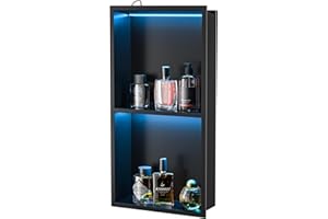 Bernkot Led Shower Niche with RGB Light 24" X 12" Matte Black 304 Stainless Steel Shower Niche with 2-Tiers Shelves Waterproof No Tile Needed Recessed Niches Shower for Bathroom Storage