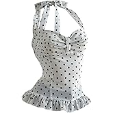 MakeMeChic Women's Polka Dots Halter Tops Going Out Ruffle Shirred Tank Tops