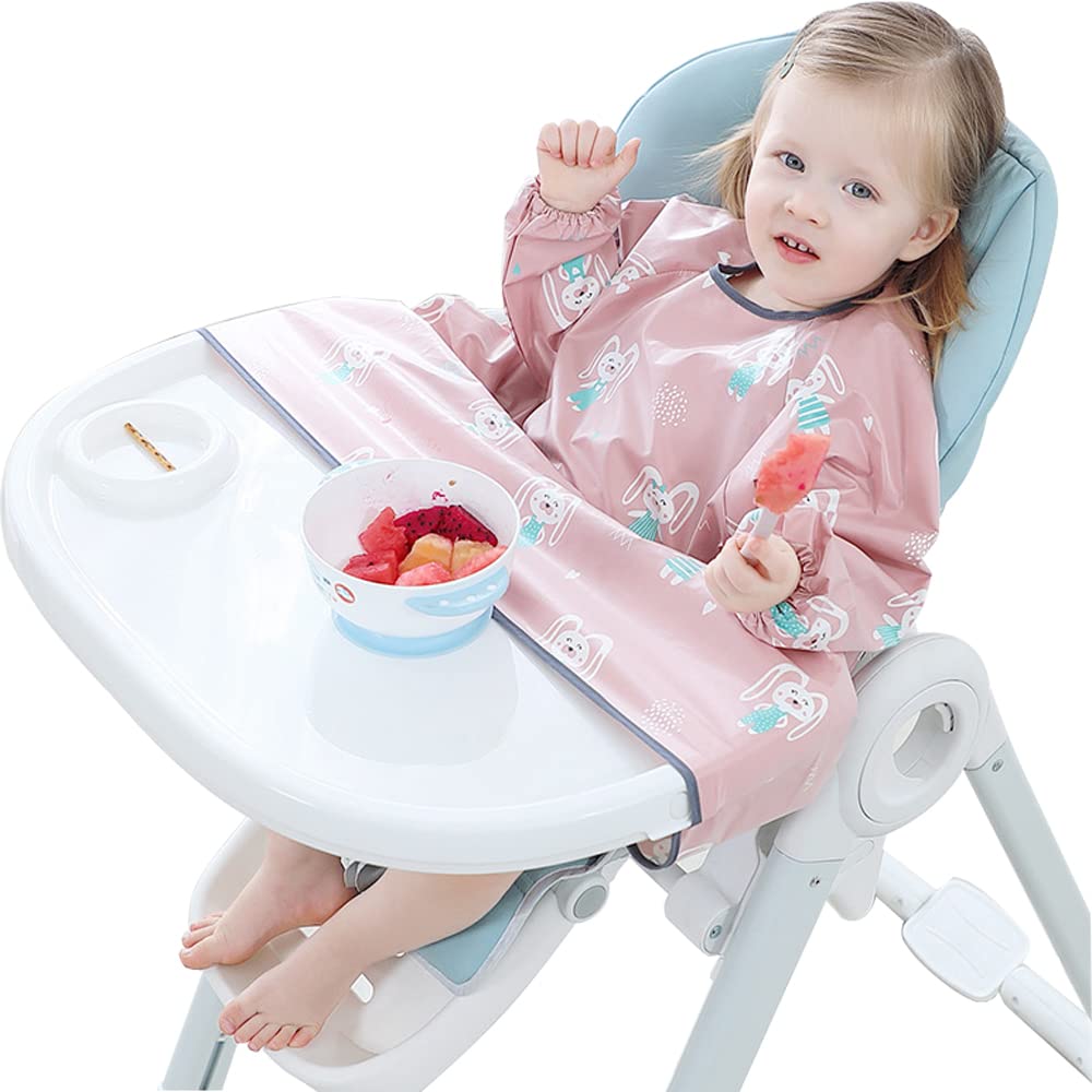 GudGmtoy Weaning Bib Pink Rabbit Long Sleeves Bibs Waterproof Bib Attaches to Highchair Coverall Baby Weaning Bib One Size Fits All (Pink)