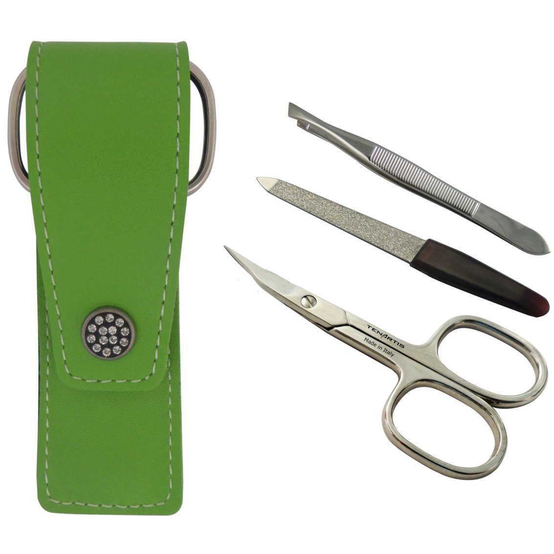 3-Piece Manicure Set with Nail Scissors, File & Tweezers in Genuine Leather Pouch - Tenartis Made in Italy (Green)