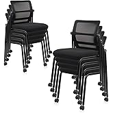 CLATINA Stacking Chairs 8 PK, Adjustable Backrest Stackable Mesh Office Waiting Room Armless Chair with Wheels for Guest Reception Conference Lobby Side School, Black