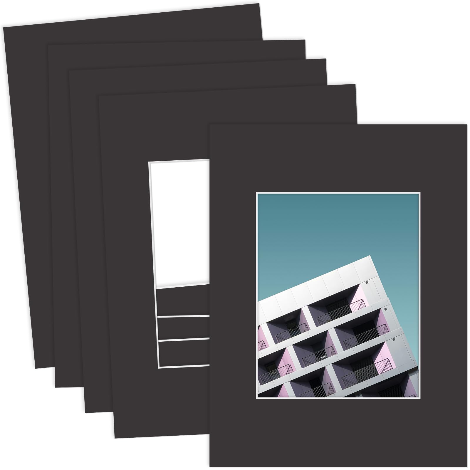 Photo 1 of MBC Mat Board Center, 5 Pack 12x16 for 8x10 Black Picture Mats Frame Mattes, Bevel Cut, Acid Free, 4-ply Thickness