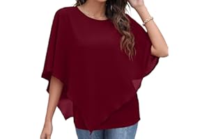 Qixing Summer Casual Loose Round Neck Chiffon Flowy Tops Blouses for Women
