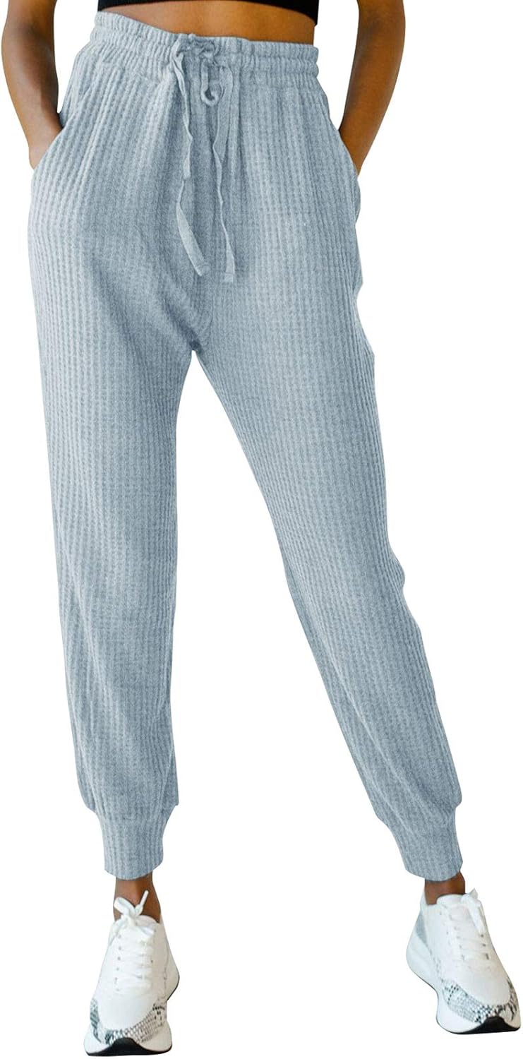 MIROL Women's Active Drawstring Joggers Pants Elastic Waist Waffle Knit Trousers Athletic Solid Color Sweatpants with Pockets: Clothing