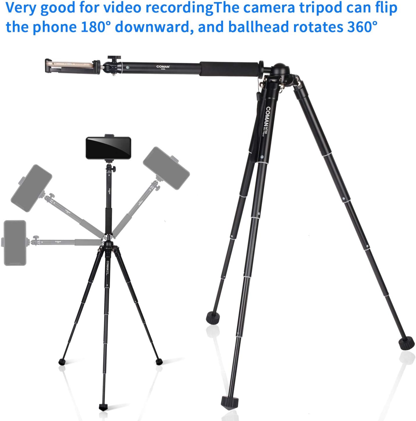 63" Tripod, COMAN Premium Phone Tripod, Portable All-in-One Professional Camera Tripod, Lightweight Aluminum, Bluetooth Remote for iPhone & Android Devices, Non Skid Tripod Feet: Camera & Photo