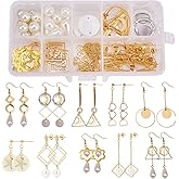 SUNNYCLUE 1 Box DIY 10 Pairs Geometric Hollow Earring Making Starter Kit Classic Round Square Heart Triangle Charm Connector, Earring Stud Hooks Jewelry Making Supplies Craft, Golden, Instruction