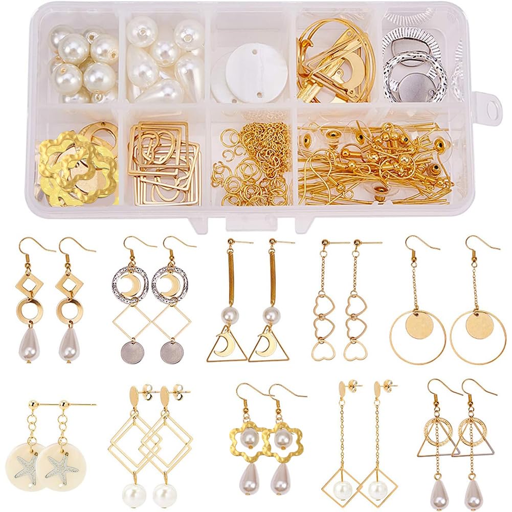 SUNNYCLUE 1 Box DIY 10 Pairs Geometric Hollow Earring Making Starter Kit Classic Round Square Heart Triangle Charm Connector, Earring Stud Hooks Jewelry Making Supplies Craft for Beginners, Golden
