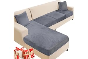 NAISI Sectional Couch Cover 4 Pieces Velvet Separate Couch Cushion Covers L Shape Soft Stretch Sofa Slipcovers with 2pcs Pillowcases for Left/Right Chaise Sectional Couch(3 Seater+1 Chaise,Dark Grey)