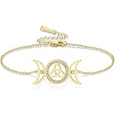 VASSAGO Triple Moon Goddess Bracelet Stainless Steel Celtic Knot Charm Bracelet Adjustable Layered Anklet Wicca Amulet Irish Jewelry for Women