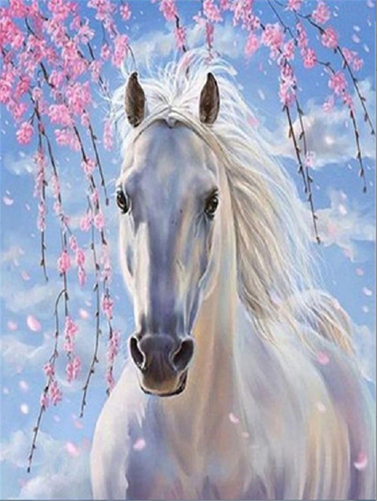YEESAM ART 5D Diamond Painting Kits, White Horse Plum Blossom DIY Diamond Art Mosaic Cross Stitch Kit