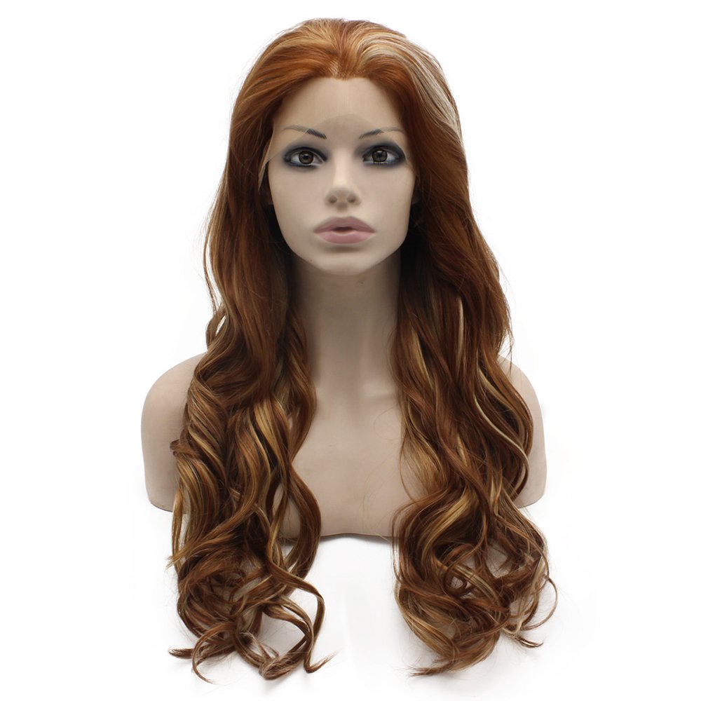 Iwona Long Wavy Heat Resistant Fiber Synthetic Lace Front Highlight Auburn Natural Wig