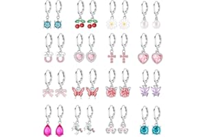 YOSHOW 16 Pairs Hypoallergenic Silver Dangle Hoop Earrings for Girls Teens Kids Cute Girls Earrings Animal Small Hoop Earrings Set Pink Jewelry Gift