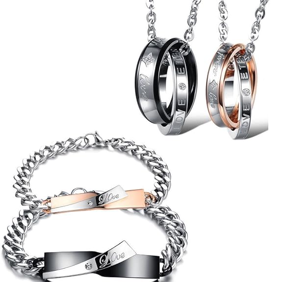 Kim Johanson Edelstahl Pärchen Schmuckset Armbänder & Ketten 'Endless Love' für verliebte Roségold & Schwarz mit Cubic Zirkon