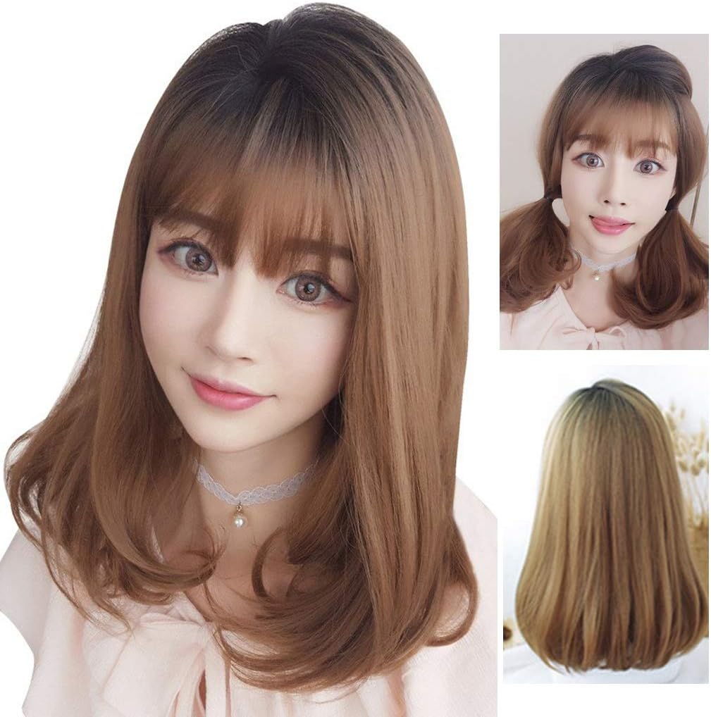 Asf15 Dark Brown Wig Medium Long Bob Short Hair Has Neat Bangs