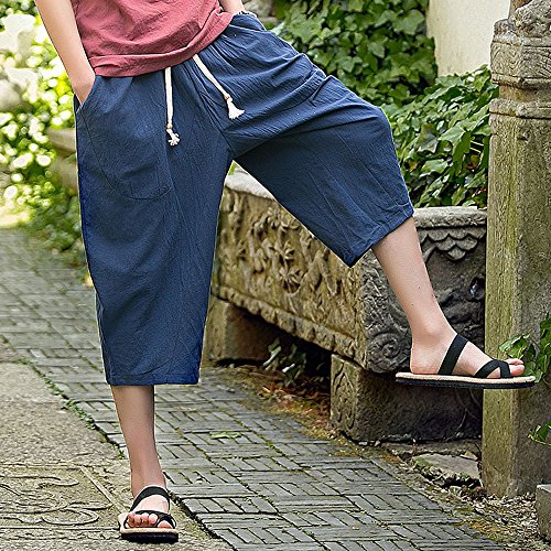 LISTHA Loose Baggy Harem Pants Men's Casual Sports Calf-Length Linen Trousers Navy
