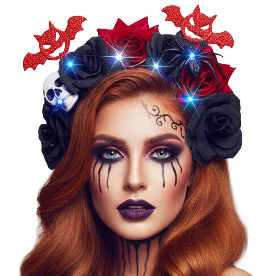Evlry LED Halloween Flower Headband Light Up Spider Bat Headpiece Day of the Dead Costume Hair Accessories for Women