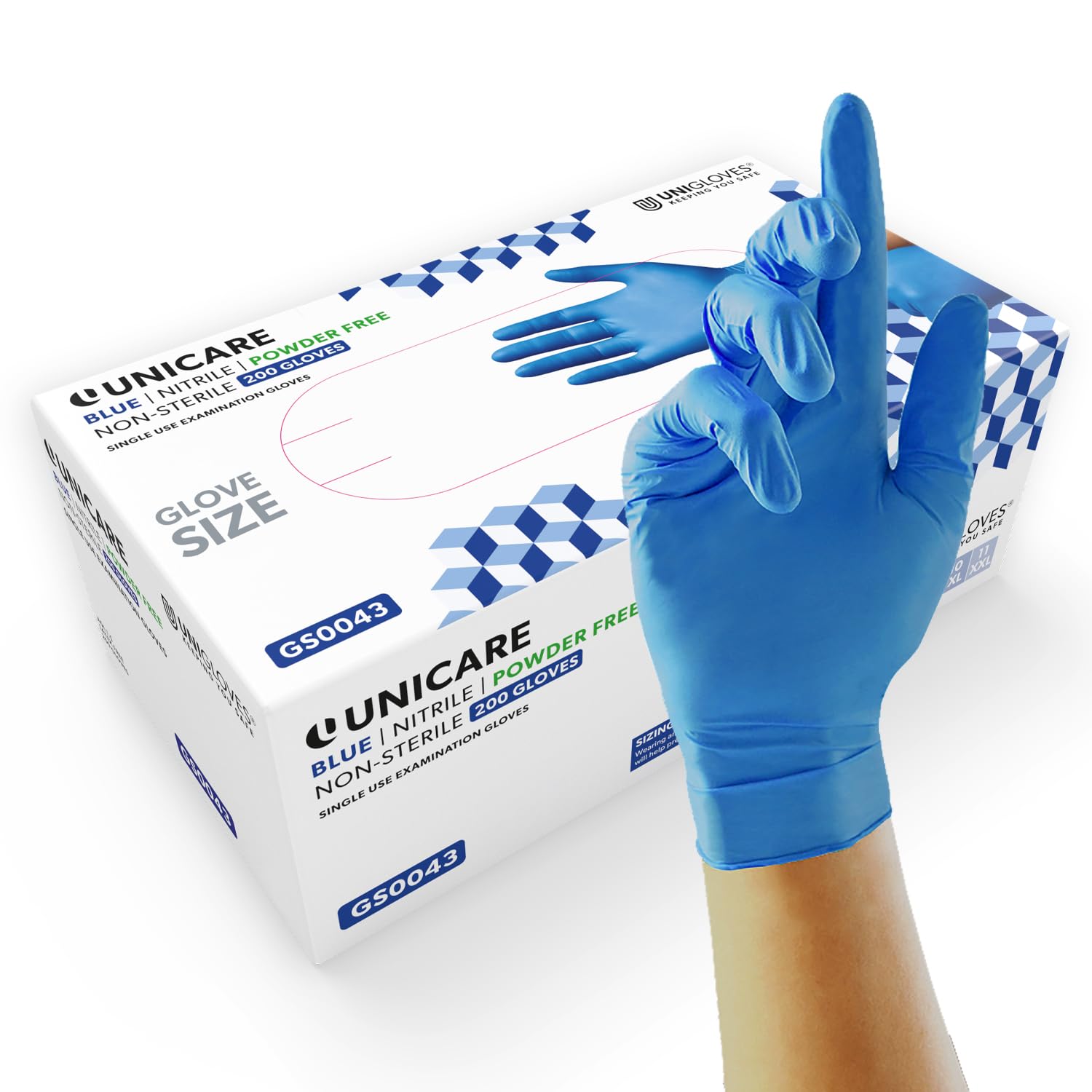 Unigloves Unicare Nitrile Examination Gloves - Multipurpose, Powder Free, Medical Grade Disposable Gloves - Box of 200 Gloves, Blue, Large (GS0044)