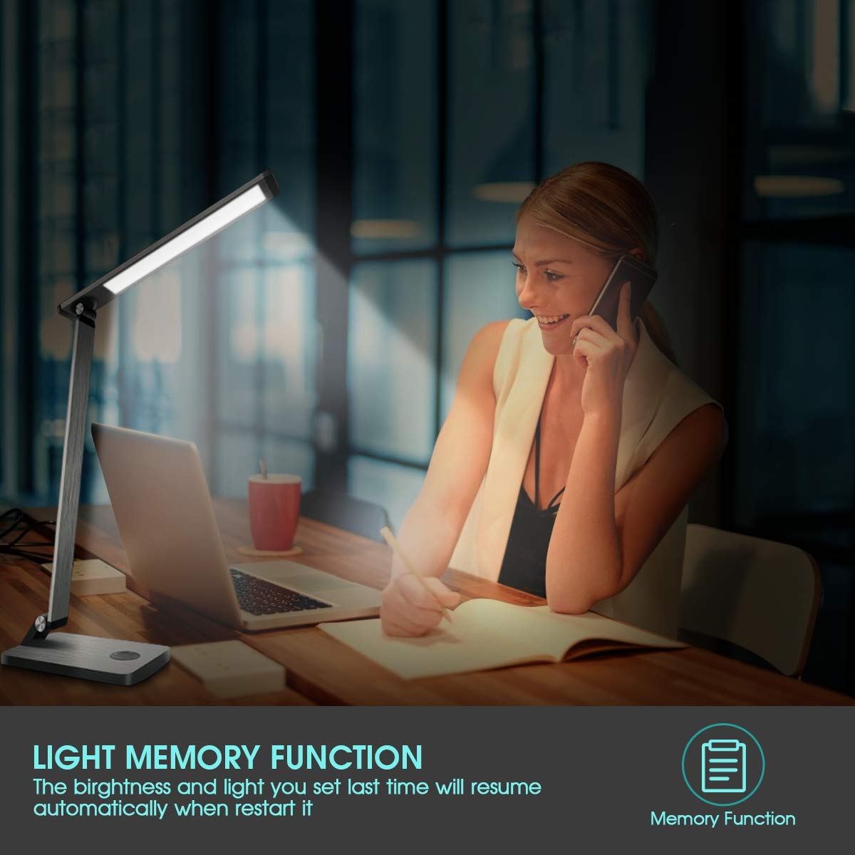 LED Desk Lamp, FXQ Aluminum Stepless Dimming Desk Lamp, Table Lamp with 2.4A Faster Charging Function, Smart Sleeping Mode and Light Memory Function for Ofifice, Reading Room and Beadroom, Grey