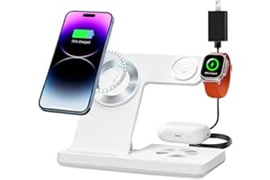 ROVXEMES Magnetic 3 in 1 Charging Station for Multiple Devices,Mag-Safe Wireless Charger for iWatch & Airpods Pro 3 2, Foldable Charging Stand Dock for iPhone 12-16 Series with Adapter(White)