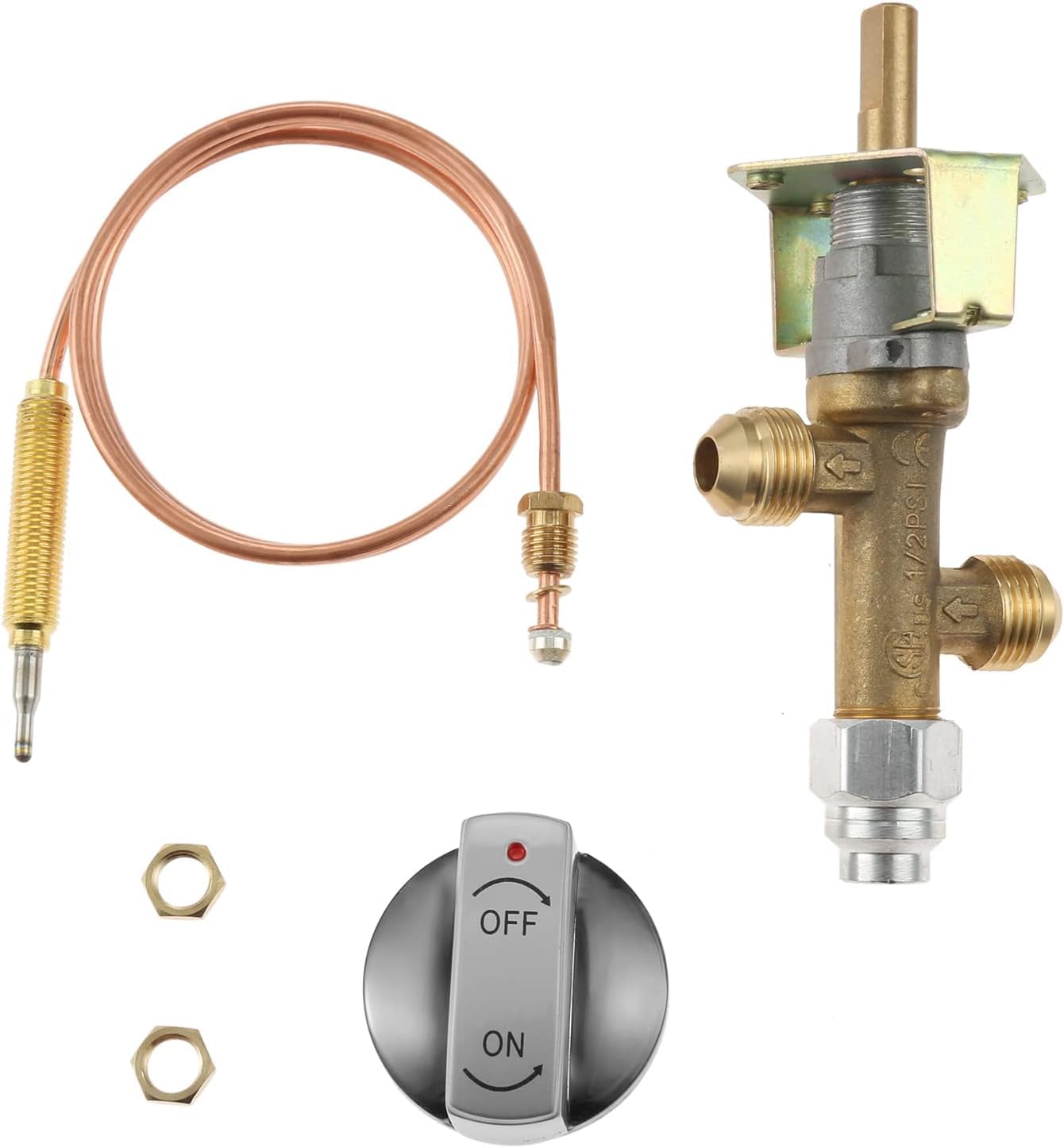 gohantee LPG Safety Control Valve Kit, Low Pressure Propane Flame Failure Safety Control Valve 5/8”-18UNF (3/8" Flare Inlet & Outlet) with Thermocouple Knob Switch Kit for Propane Fire Pit, Fireplace