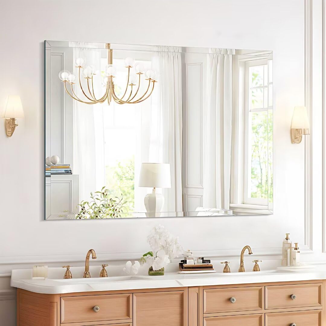 Photo 1 of DOIMUSIM Frameless Mirror,Bathroom Vanity Mirrors for Over Sink,Rectangle Wall-Mounted Beveled Polished Edge Mirrors,Apply to Living Room,Bedroom,Right Angle Bathroom Entryway Mirror 24"*31"