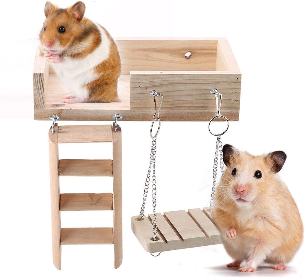 3Pcs Wooden Hamster Ladder and Platform Set including Swing, Small Animal Toys for Gerbil Rat, Chinchilla, Guinea Pig