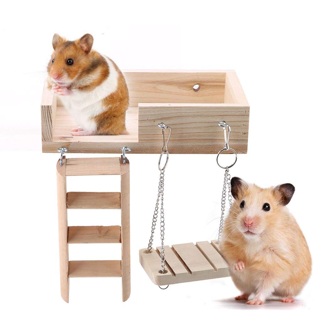 3Pcs Wooden Hamster Ladder and Platform Set with Swing - Small Animal Toys for Gerbil, Rat, Chinchilla, Guinea Pig, Squirrel and Mouse