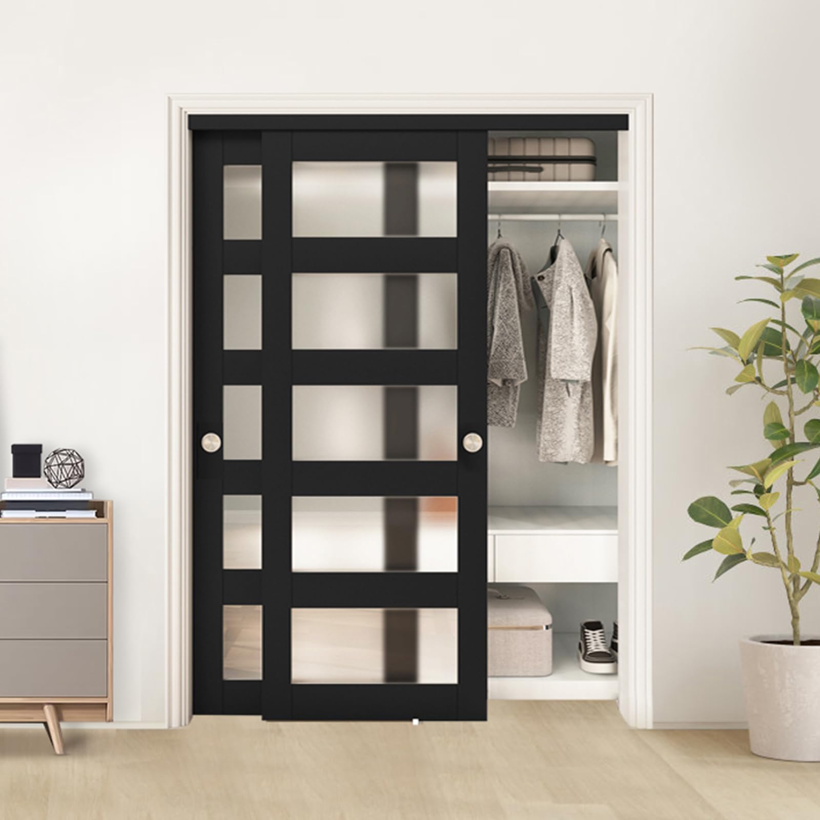 Photo 1 of **PARTS ONLY DAMAGED PCS*** BARNSMITH 60"x80" Sliding Closet Door(Double 31"x80"), 5-Lite Frosted Glass Bypass Door with Hardware Kits & Matching Fascia, Solid Wood Waterproof PVC Surface, Pre-Drilled for Easy Install, Black