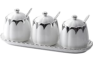MILKYWAY Milky Way Set of 3 Ceramic Condiment Pots Sugar Bowl,Porcelain Sugar Holder with 1Tray, Lid and Spoon Salt Container Modern Seasoning Jars for Counter Home and Kitchen (White silver)