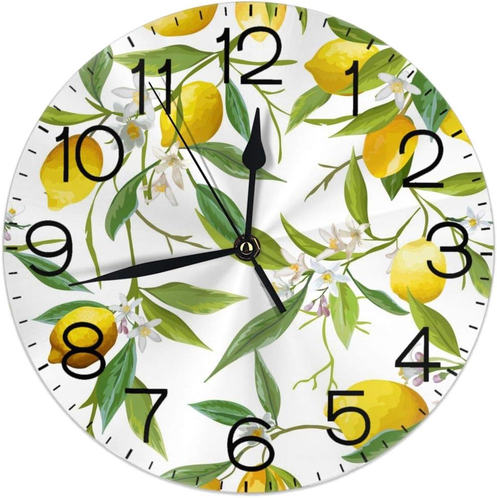 Dujiea Lemon Branch Round Wall Clock Silent Non Ticking Battery Operated 9.5 Inch for Student Office School Home Decorative Clock Art