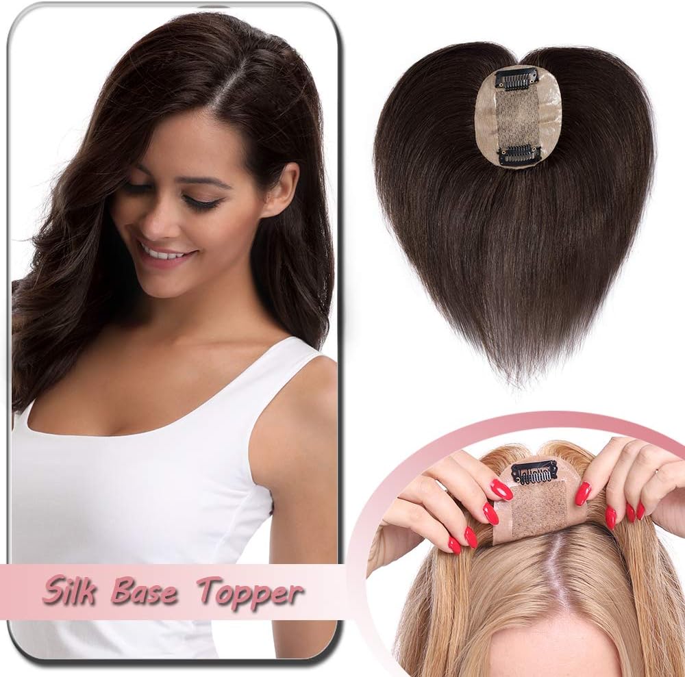 Topper Hairpiece for Women 100% Real Remy Human Hair SILK BASE Natural Invisible - One Piece Clip in Toupee Extension for Women - 110% Hair Density (18 inches, 2 Dark Brown)
