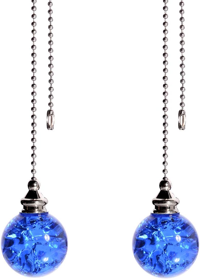 2PCS Blue Pull Chain Crystal Glass Ice Cracked Ball Pull Chain for Ceiling Fan Light Decoration 50cm Extension Chain - - 