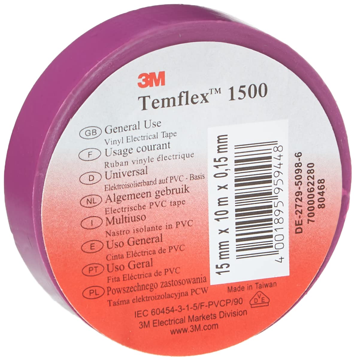 3 M TVIO1510 Temflex 1500 Vinyl Electrical Insulation Tape, 15 mm x 10 m Self Adhesive Disk Wallet Purple