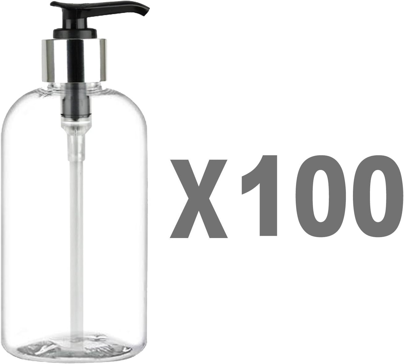 8 oz Pump Dispenser, Boston Round Empty Soap and Lotion Pump Bottles with Silver Locking Cap, BPA Free PET Plastic Containers for Essential Oils/Liquids (Pack of 100, Clear)