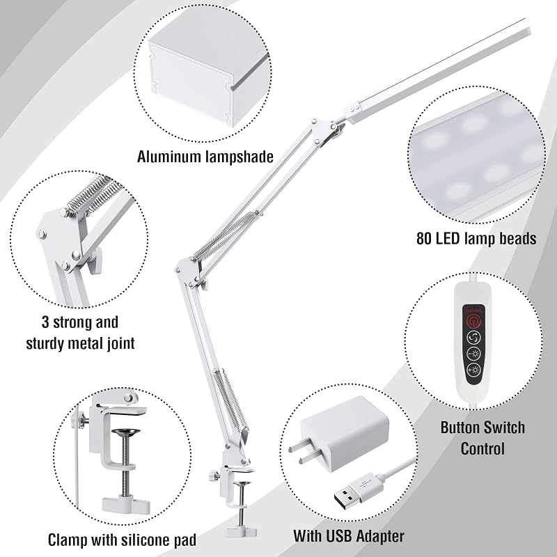 Candeeiro de Secretária LED - Candeeiro de Secretária LED potente com clipe - Lâmpada de Secretária LED com proteção ocular - 3 modos de iluminação X 10 níveis de brilho - Branco — foto 4 de 7