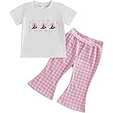 Licupiee Toddler Baby Girl Western Outfits Embroidery Cow Short Sleeve Shirts and Gingham Pants Set 2Pcs Summer Fall Clothes