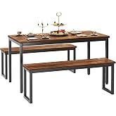 soges Kitchen Table Set with 2 Benches, Bench Dining Table Set for 4, 3 Piece Dining Room Table and Long Benches, Breakfast Table Coffee Table Set, Industrial Style Wooden Kitchen and Dining Room Set