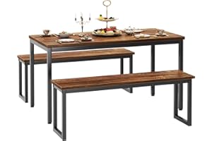 soges Kitchen Table Set with 2 Benches, Bench Dining Table Set for 4, 3 Piece Dining Room Table and Long Benches, Breakfast Table Coffee Table Set, Industrial Style Wooden Kitchen and Dining Room Set