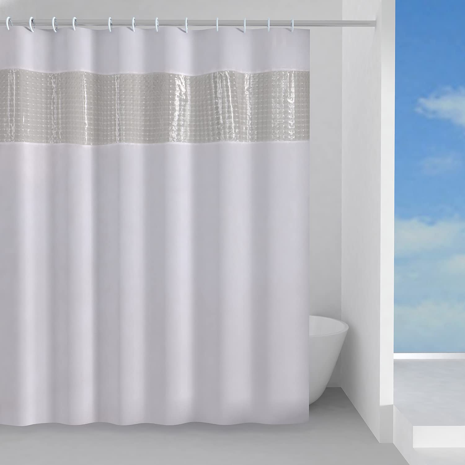 Gedy G-Spiral 120X200, Made of PES, 100% Waterproof, White and Transparent Finish, R&D Design, Shower Curtain with 12 Rings, 2 Year Warranty, Unique