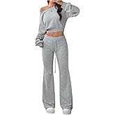 SweatyRocks Women's 2 Piece Matching Lounge Set Long Sleeve Crop Top Flared Pants Casual Sweatsuit