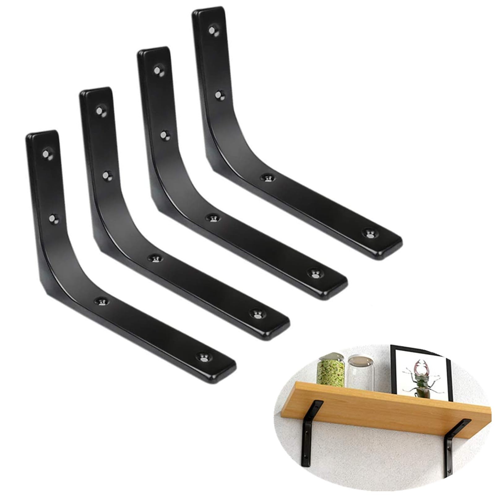 GNCLOUD Shelf Brackets 6 x 8 inch, 4 pcs Heavy Duty Wall Mounted Brackets, L Brackets Blcak Modern Decorative Support Brackets for Bookshelf Wall and Garden Shelf, Black
