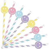 Whaline 60Pcs Preppy Straws Pastel Smile Face Drinking Straws Happy Face Stripe Disposable Straw for Back to School Birthday Baby Shower Party Supplies, 4 Designs, 7.8 x 0.2inch
