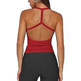 Hragc Halter Workout Tops for Women Racerback Ribbed Fitted Tank Tops Scoop Neck Split-Back Shirts for Yoga Athletic Sport