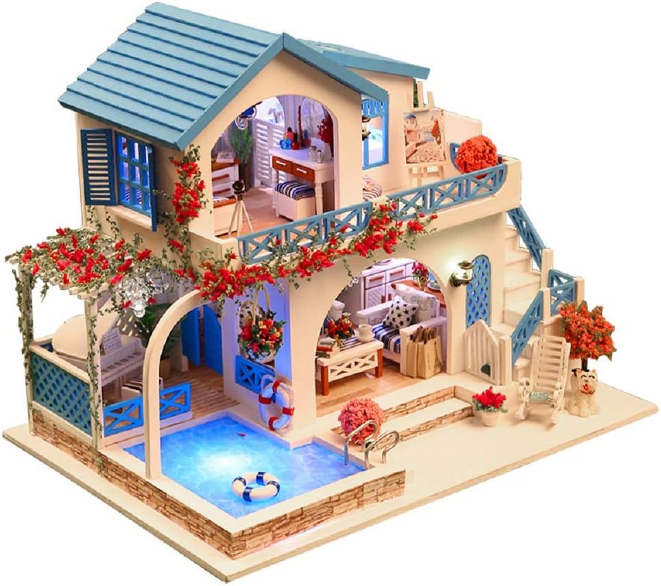 Bebayin Dollhouse Kit DIY Furniture, Wooden Miniature Doll House Creative Room Gift (Blue & White House) with Dust Proof Cover and Music Movement