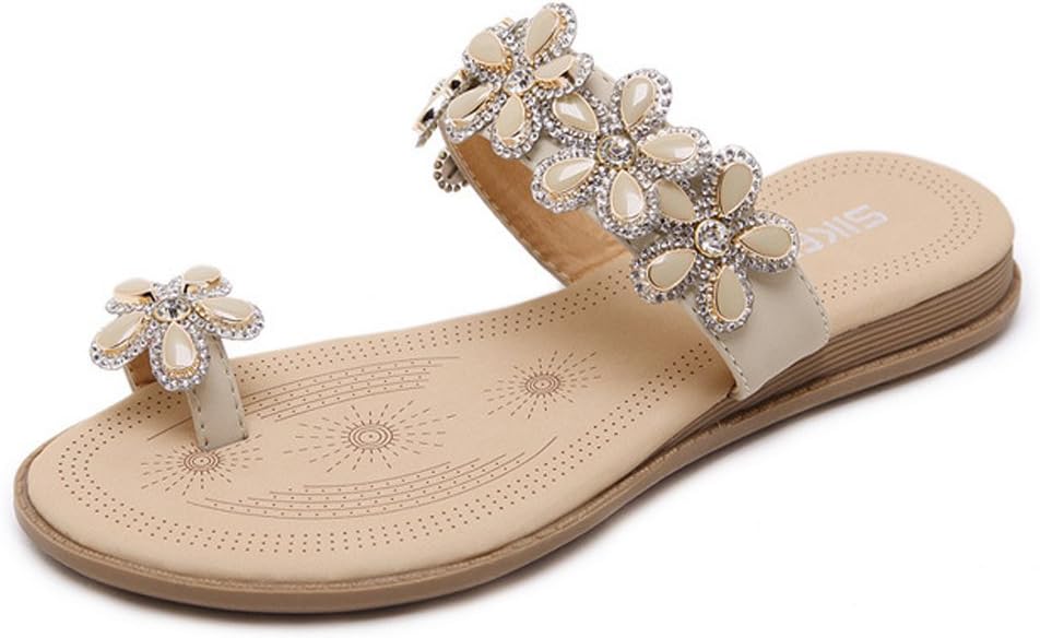 Tomsent Summer Women Bohemia Rhinestones Beaded Flowers Inlaid Diamond Flats Flip Flop Shoes Girls Sandwich Sandals