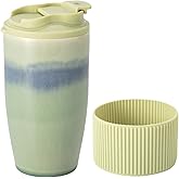 TaoTaojarvie Ceramic Travel Coffee Mug with Polypropylene Lid and Insulated Sleeve, 16 oz, Portable Coffee Cup for Car Cup Holder, Transmutation Glaze Microwave and Dishwasher Safe(Light Green)