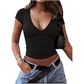 SOLY HUX Women's V Neck Short Sleeve T Shirt Ruched Slim Fitted Tee Y2k Going Out Crop Tops