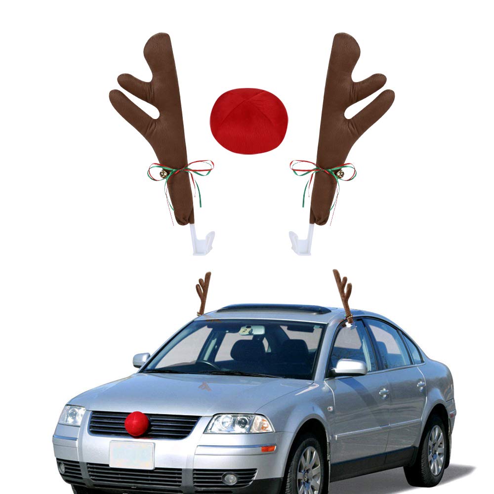 Car Reindeer Antlers Christmas Car Decorations Plush Rudolf Antlers and Nose Set Reindeer Jingle Bell for Vehicle Xmas Auto Accessories Costume (Brown)