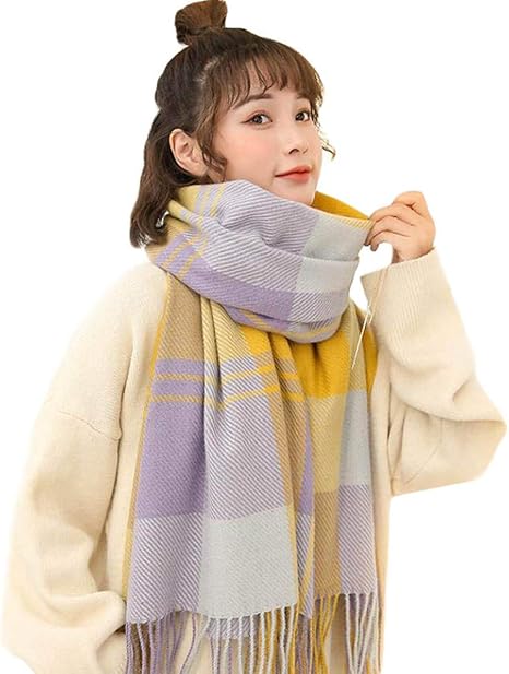 Shuming マフラー メンズ チェック柄 大判 ストール レディース 厚手 あったか 男女兼用 スカーフ 防寒おしゃれ ペアルック チェックマフラー 秋 冬 クリスマス プレゼント Freesizeイエロー マフラー 通販 Amazon