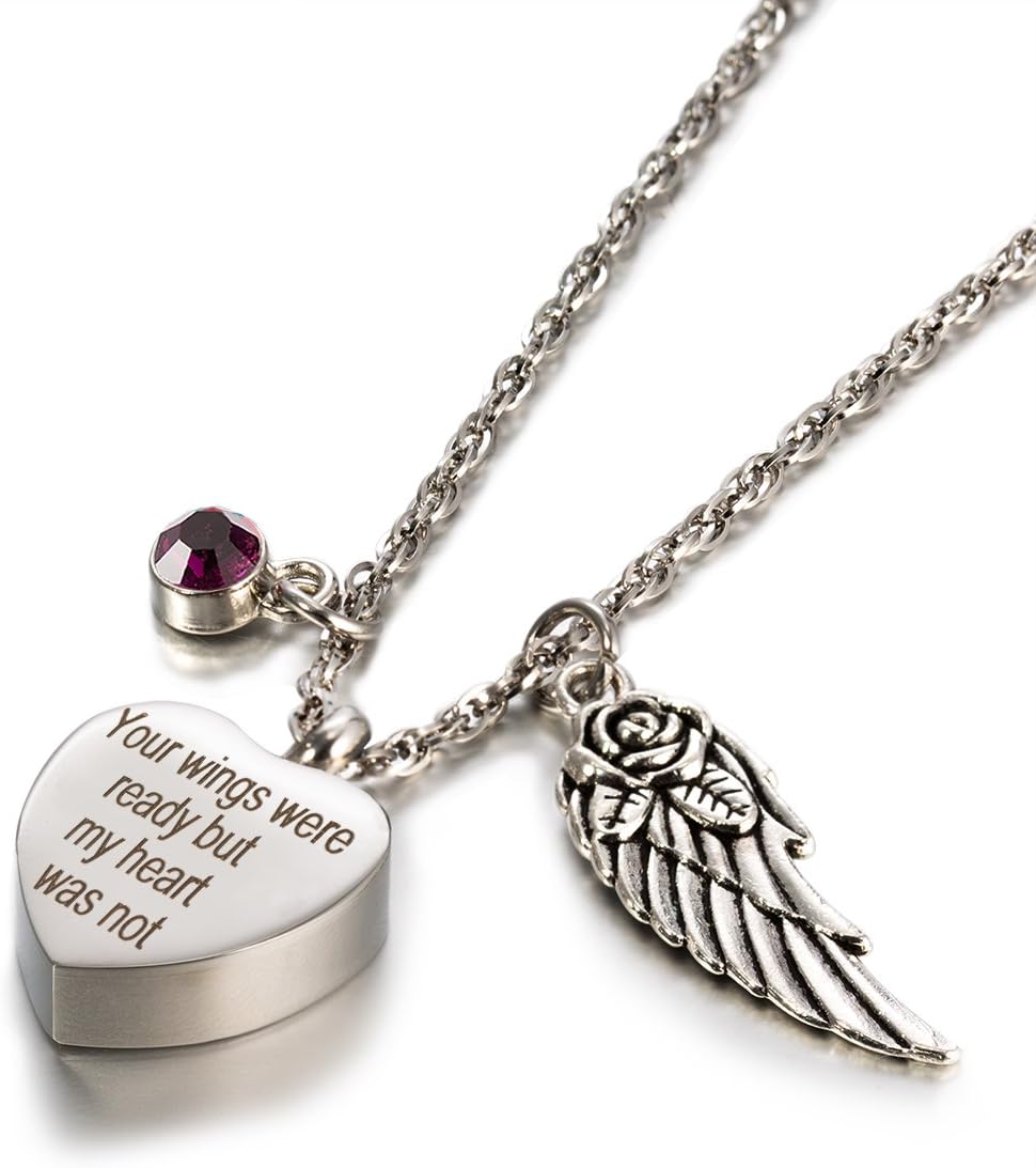 Glimkis Memorial Jewelry Necklace, Angel Wings Cremation Jewelry Birthstone Memorial Ash Keepsake Necklace